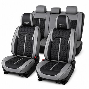 Huse auto Deluxe 5 locuri, piele ecologica perforata, gri si negru